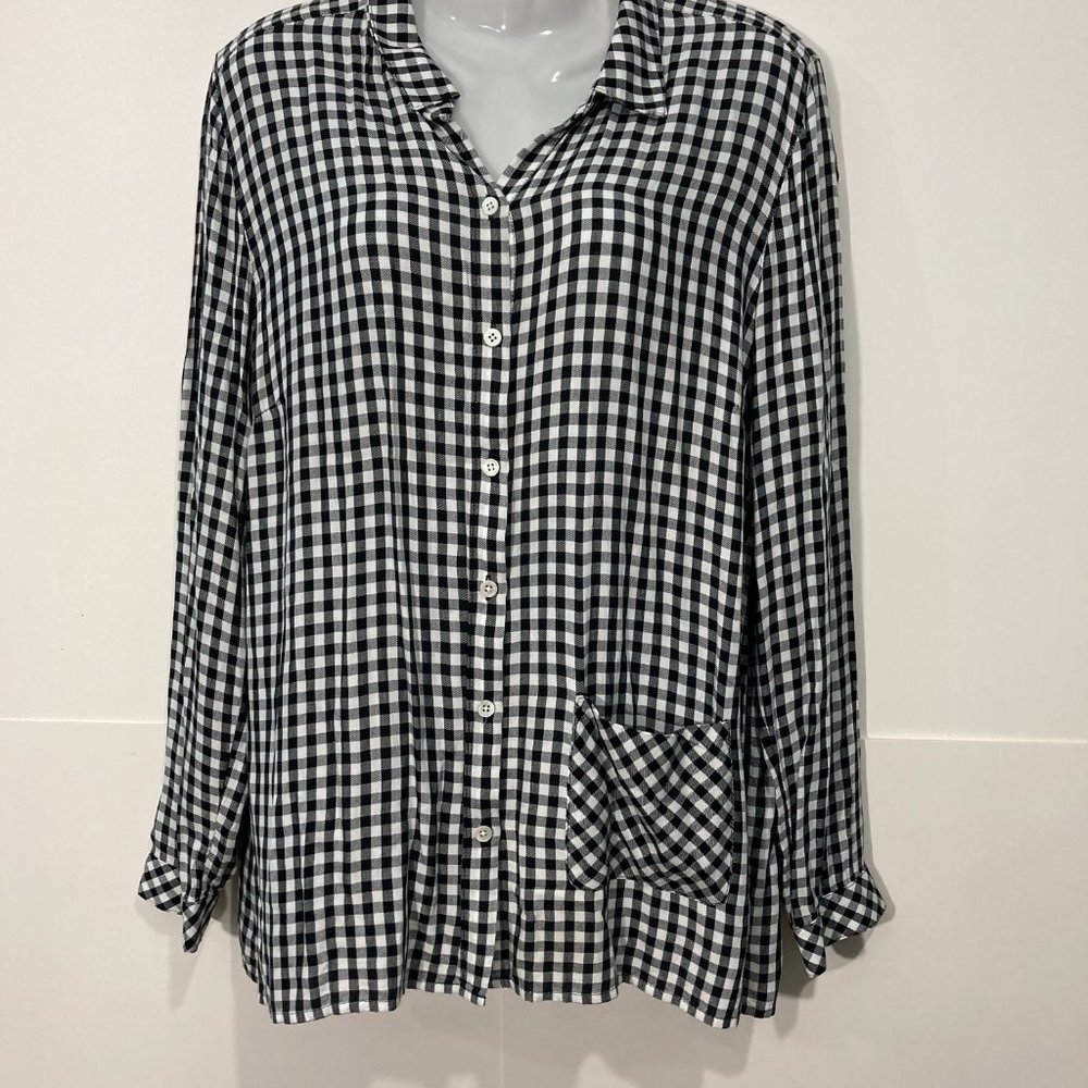 J Jill Button up shirt black white gingham single pocket long sleeve soft size M - Picture 4 of 12